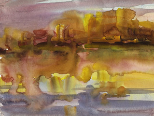watercolor illustration nature landscape river autumn golden