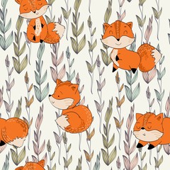 Vector hand drawn seamless pattern. Cute cartoon fox.