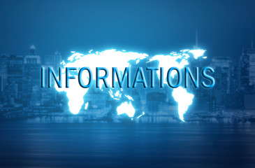 Informations text over world map hologram and blurred city background