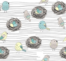 Cotton fabric Vector seamless pattern with hand drawn birds and nests