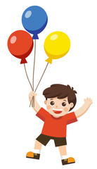 A Boy is jumping together and holding balloons.