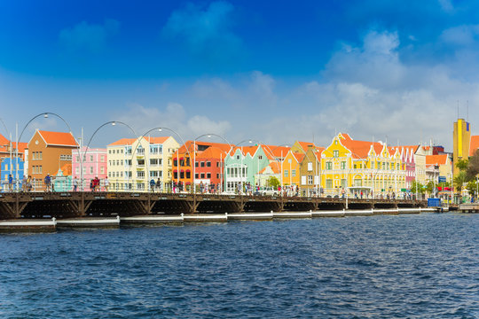 view at pantoon bridge and downtown in Willemstad, Curacao