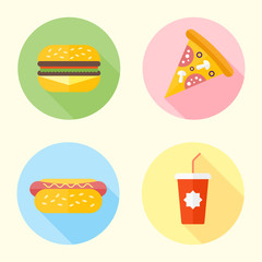 Fast food flat design round icons with long shadow