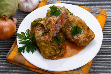 cabbage rolls on a wooden gray rustic background