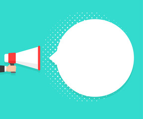 Speech bubbles announced by megaphone,flat vector illustration background.
