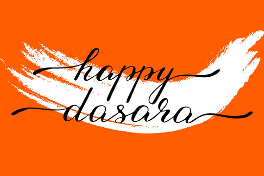 Happy Dasara festival Indian text calligraphic orange paint background  vector Stock Illustration | Adobe Stock