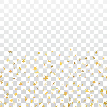Gold stars falling confetti isolated on white transparent background. Golden abstract pattern Christmas card, New Year holiday. Shiny confetti star. Glitter explosion on floor. Vector illustration