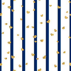 Gold heart seamless pattern. Blue-white geometric stripes, golden confetti-hearts. Symbol of love, Valentine day holiday. Design wallpaper, background, fabric texture. Vector illustration
