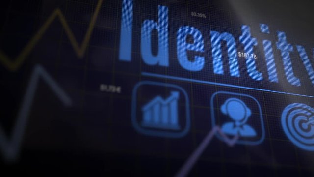 A Identity business concept on a flashing computer monitor with moving graphs and data.