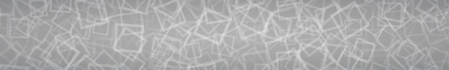 Abstract horizontal banner of randomly arranged contours of squares on gray background