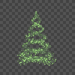 Christmas tree on transparent background. Green Christmas tree as symbol of Happy New Year, Merry Christmas holiday celebration. Light sparkle decoration. Bright shiny design. Vector illustration
