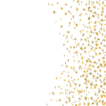 Gold star confetti celebration isolated on white background. Falling stars golden abstract pattern decoration. Glitter confetti Christmas card, New Year. Shiny sparkles. Vector illustration