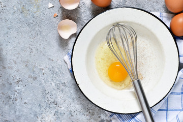 Ingredients for baking: flour, eggs, sugar.