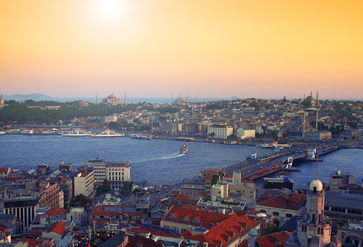 Istanbul skyline with Hagia Sophia and Blue Mosque as seen from Galata Tower.