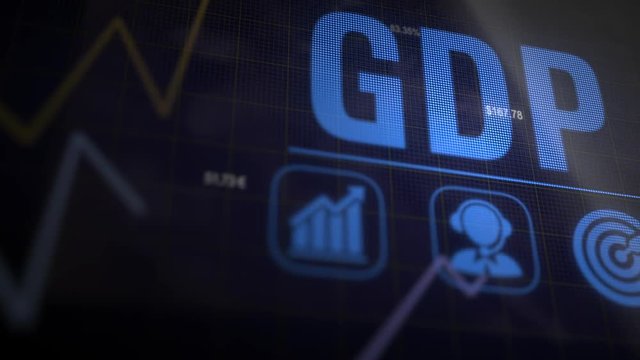 A GDP business concept on a flashing computer monitor with moving graphs and data.