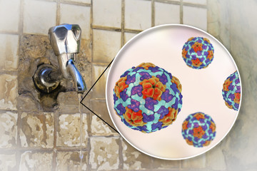 Safety of drinking water concept, 3D illustration showing Hepatitis A viruses contaminating drinking water