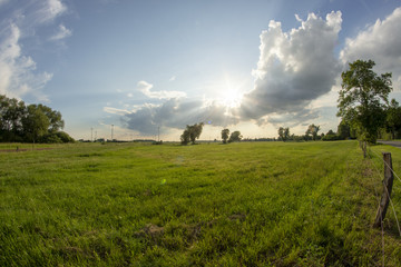 Obraz premium Landschaft mit Sonnenstraheln bei einer grünen Wiese