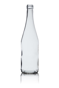 empty bottle from transparent glass with reflection isolated on a white background