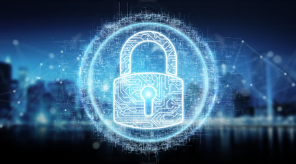 Digital security hologram with padlock 3D rendering