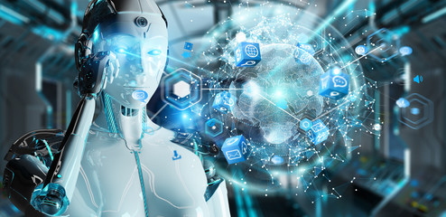 White woman robot using digital screen interface 3D rendering