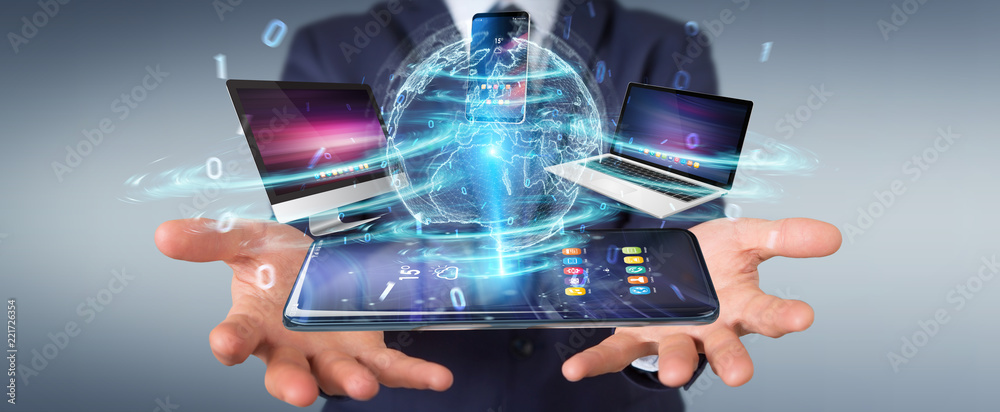 Poster modern devices connected in businessman hand 3d rendering