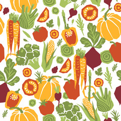 Papercut style vegetables seamless pattern. Organic vegetables.