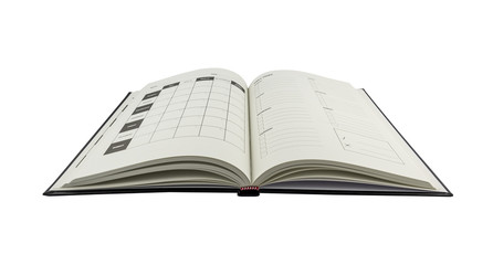 Opened notebook with personal organizer or planner isolated on white background