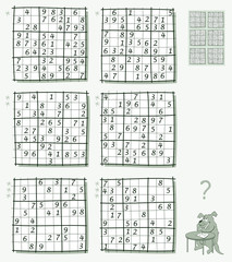 Logic Sudoku game. Set of different level puzzles. Worksheet for children and adults. Vector image.