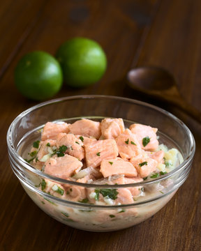 Chilean salmon ceviche prepared with onion, garlic, fresh coriander, salt and lemon juice, photographed with natural light (Selective Focus, Focus in the middle of the ceviche)