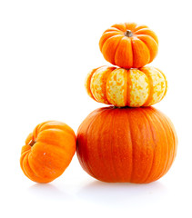Autumn stack tower of harvest of pumpkins isolated on white background