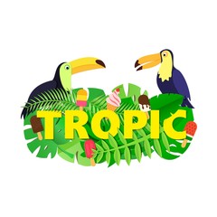 Obraz na płótnie Canvas Word TROPIC composition with jungle leaves ice cream two toucans on white background in paper cut style. Yellow letters for design poster, banner, flyer T-shirt printing. Vector card illustration