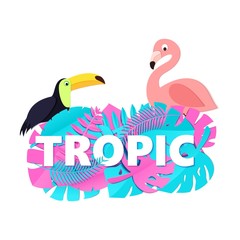 Word TROPIC composition with creative pink blue jungle leaves toucan flamingo on white background in paper cut style. White letters for banner, flyer T-shirt printing. Vector card illustration.