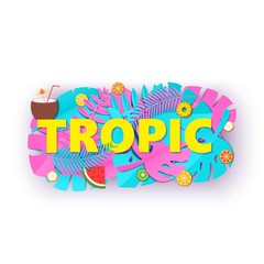 Word TROPIC composition with creative pink blue jungle leaves and fruits on white background in paper cut style. Tropical leaf letters for poster, banner flyer T-shirt printing, Vector illustration.