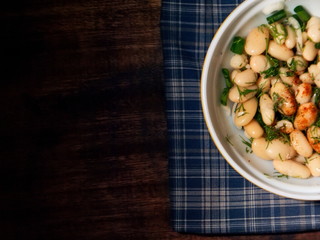 Salad from boiled string beans. Salad on the table.