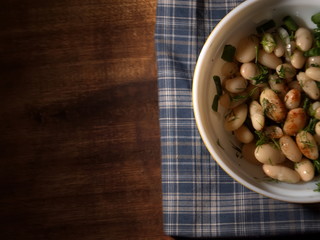 Salad from boiled string beans. Salad on the table.