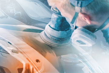 Mechanic repairs part of the car body after a car accident, multiple exposure