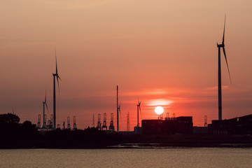 Fototapeta premium Sunset at a riverbank, Port of Antwerp, Belgium.