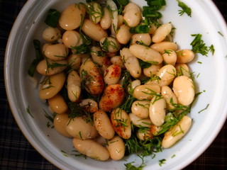 Salad from boiled string beans. Salad on the table.