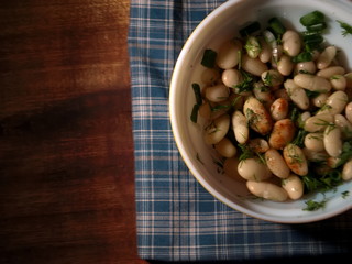 Salad from boiled string beans. Salad on the table.