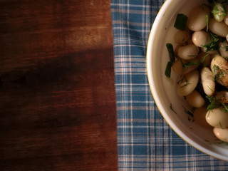 Salad from boiled string beans. Salad on the table.