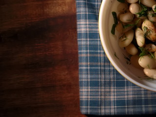 Salad from boiled string beans. Salad on the table.