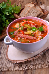 Rassolnik soup with pickled cucumbers. Russian cuisine meal