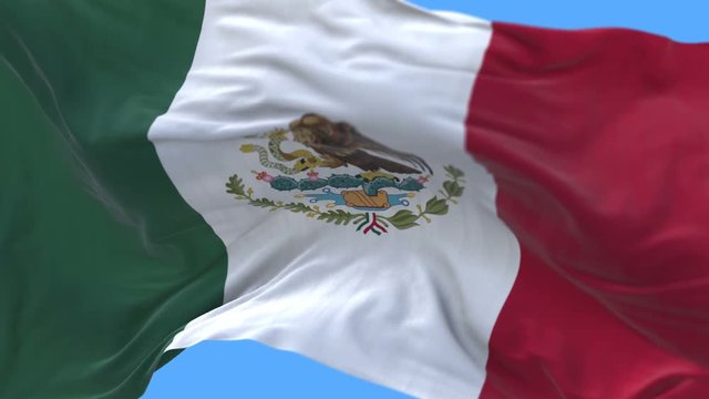 4k seamless Close up of mexico flag slow waving with visible wrinkles.A fully digital rendering,The animation loops at 20 seconds.flag 3D animation with alpha channel included.