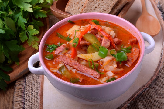 Rassolnik soup with pickled cucumbers. Russian cuisine meal