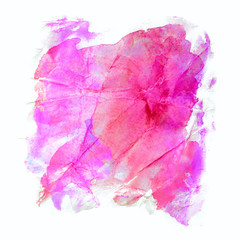 red magenta watercolor stain, drawn by brush on paper on crumpled paper with streaks