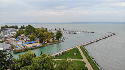 Fototapeta premium Aerial view of Siofok,Town on the lake Balaton in the Hungary. Balaton is the largest lake of the central Europe.