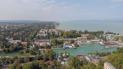Obraz premium Aerial view of Siofok,Town on the lake Balaton in the Hungary. Balaton is the largest lake of the central Europe.