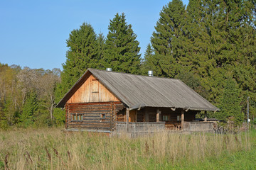 Fototapeta na wymiar Wooden log house on the edge of the forest