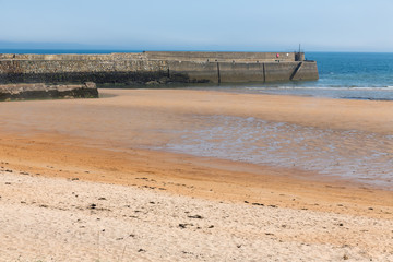 Beach and harbor pier with low tide at North Sea near St Andrews in Scotland