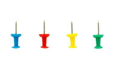 Collection of shiny colorful push pins isolated on a white background, Office equipment with clipping path